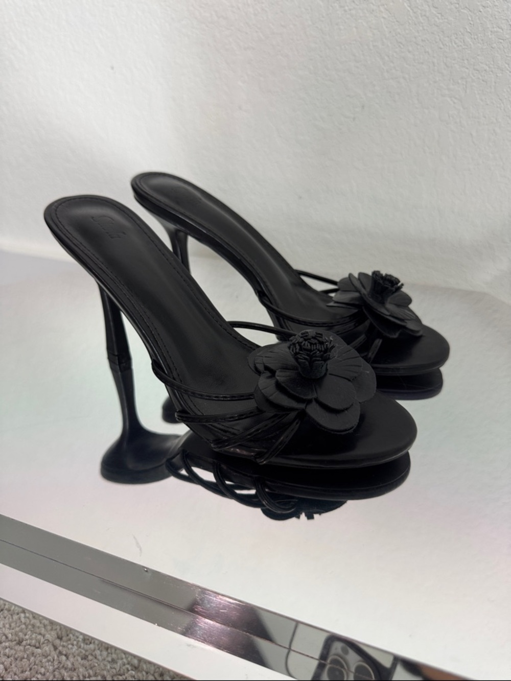 Black Floral Detail Women's High-Heel Sandals